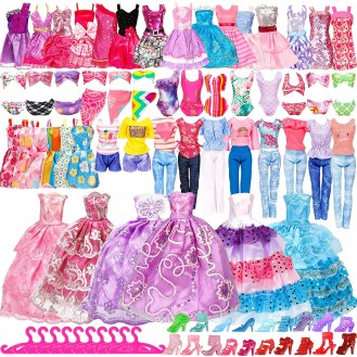 50 Pack Handmade Doll Clothes and Accessories Including 5 Wedding Gown Dresses 5 Fashion Dresses 4 Braces Skirt 3 Tops and Pants 3 Bikini Swimsuits 20 Shoes and Bonus 10 Hangers for 11.5 Inch Dolls