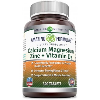 Amazing Formulas Calcium Magnesium Zinc D3 - 300 Tablets Per Bottle (Calcium 1000mg - Magnesium 400mg - Zinc 25mg Plus Vitamin D3 600 IU - Per Serving of 3 Tablets)
