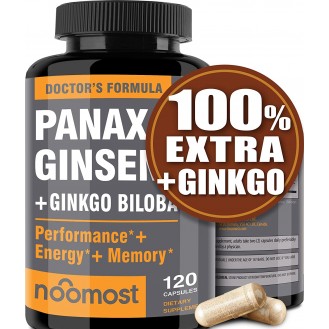 Authentic Korean Red Panax Ginseng + Ginkgo Biloba, 120 Vegan Capsules, Ginseng Root Extract Powder 1000mg (10% Ginsenosides) + Gingko Biloba 60mg, Energy and Focus Pills for Men and Women by NooMost
