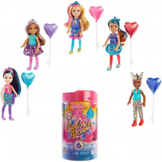 Barbie Chelsea Color Reveal Doll w/6 Surprises: 4 Bags Contain Skirt or Pants, Shoes, Tiara & Balloon Accs; Water Reveals Confetti-Print Doll’s Look & Hair Color Change; Party Series[Styles May Vary]