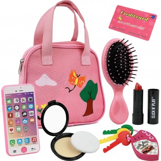 Click N' Play Purse Toy for Girls 2-3 Years Old, Handbag with 8 Pieces including Makeup, Smartphone, Wallet, Keys, Credit Card , Pink