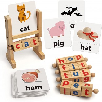 Coogam Wooden Reading Blocks Short Vowel Rods Spelling Games, Flash Cards Turning Rotating Letter Puzzle for Kids, Sight Words Montessori Spinning Alphabet Learning Toy for Preschool Boys Girls