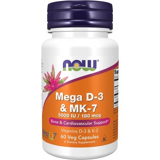 NOW Supplements, Mega D-3 & MK-7 with Vitamins D-3 & K-2, 5,000 IU/180 mcg, Bone & Cardiovascular Support*, 60 Veg Capsules